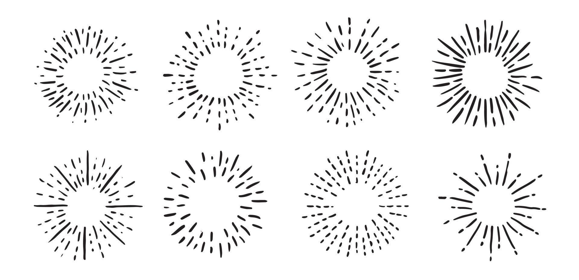 Feuerwerk handgezeichnete Symbole gesetzt. Bilder von Sonnenstrahlen. Vektor. vektor