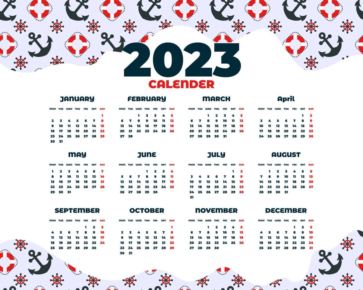 hand dragen marin och nautisk 2023 kalender mall vektor