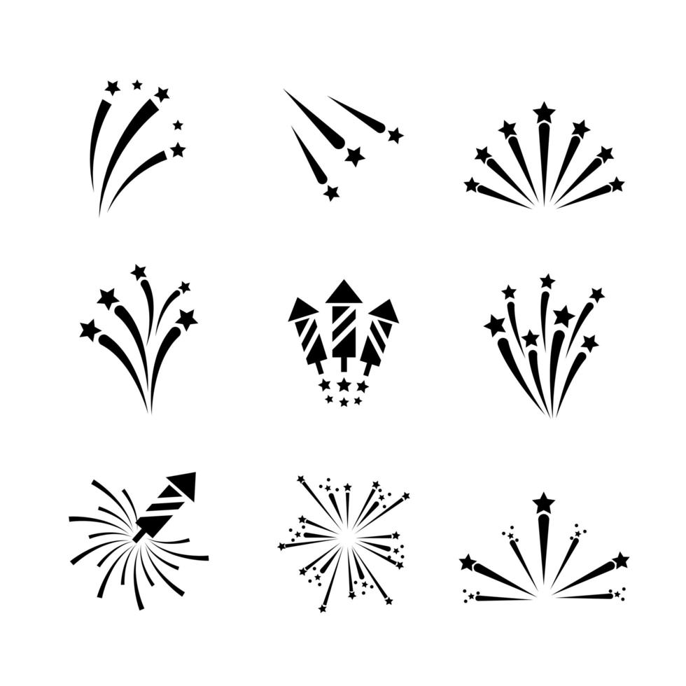 Feuerwerk und Funken Umriss Icon Set vektor