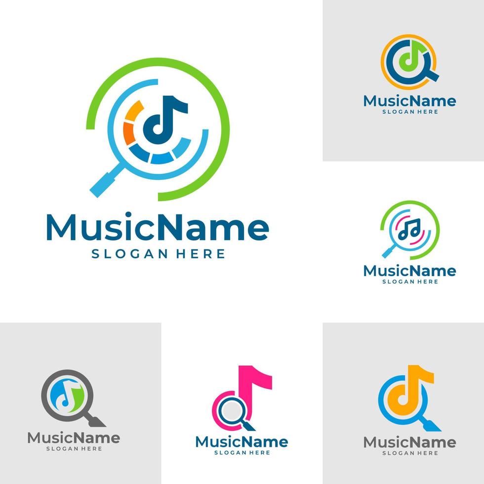 uppsättning av musik hitta logotyp vektor ikon illustration. hitta musik logotyp design mall
