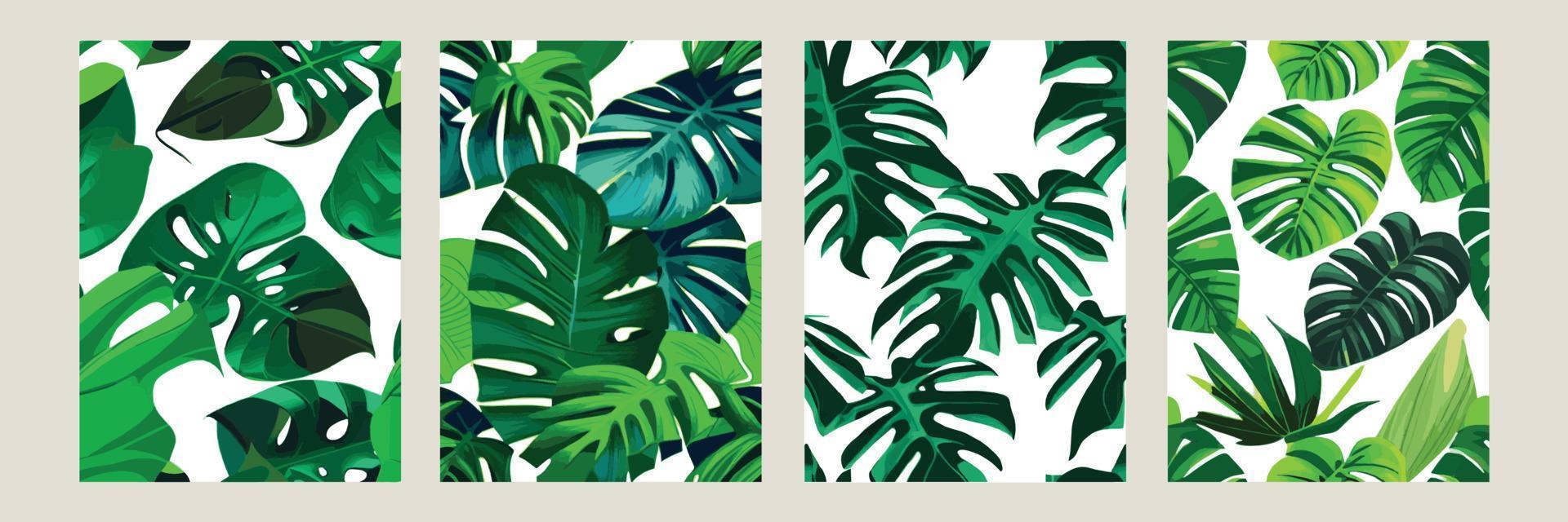 grön monstera som en mönster på en vit bakgrund. exotisk mönster med tropisk löv. vektor illustration. uppsättning av fyrkant posters