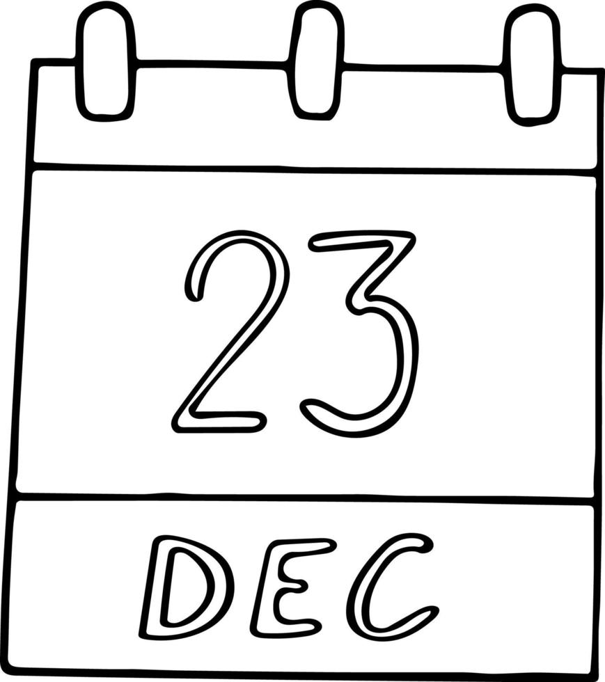 kalender hand dragen i klotter stil. december 23. dag, datum. ikon, klistermärke element för design. planera, företag Semester vektor