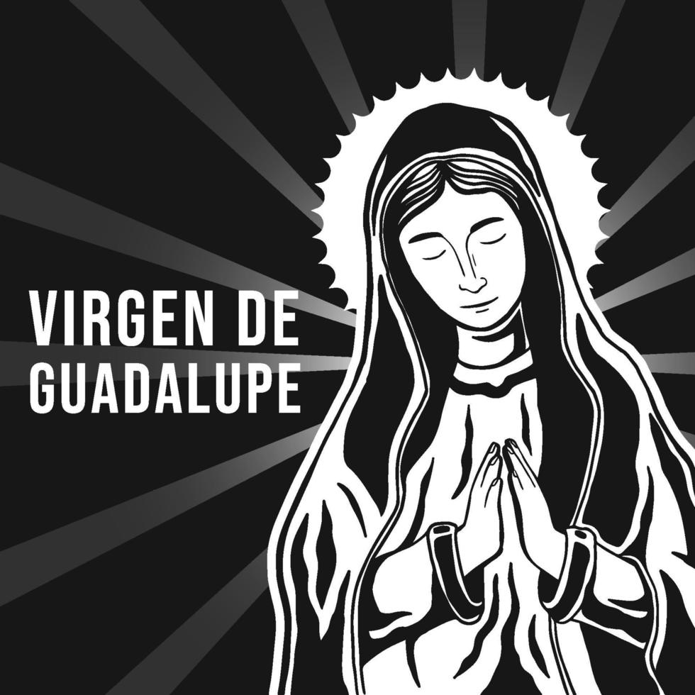 hand gezeichnete virgen de guadalupe illustration in schwarz weiß vektor