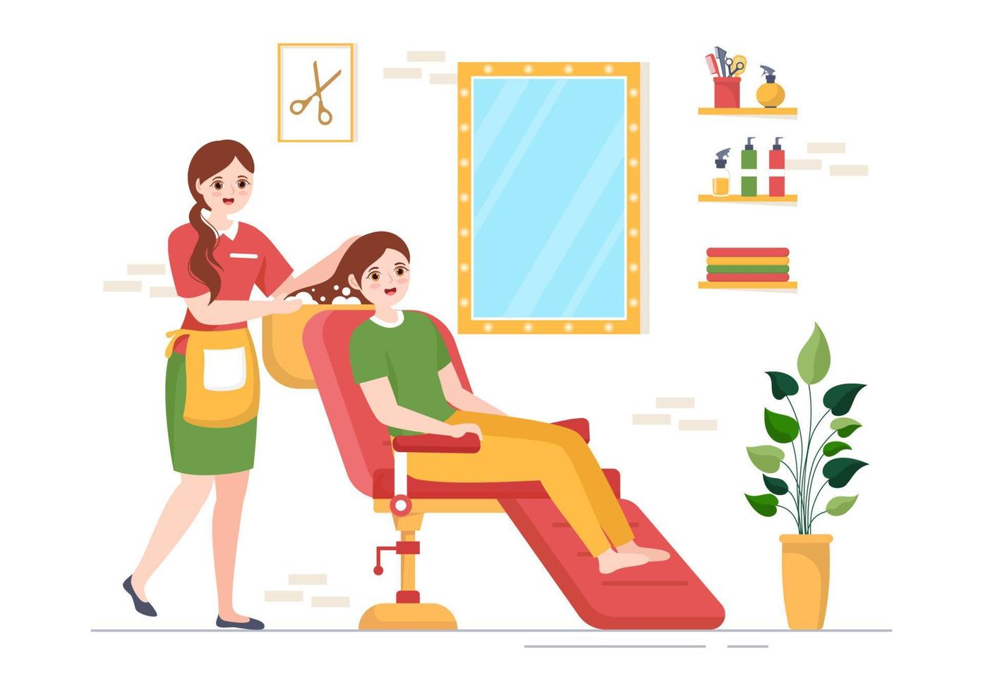 friseursalon für männliche oder weibliche kunden haarschnitt mit spiegeln, schreibtisch und haarschneideausrüstung in flachen handgezeichneten vorlagenillustrationen der karikatur vektor