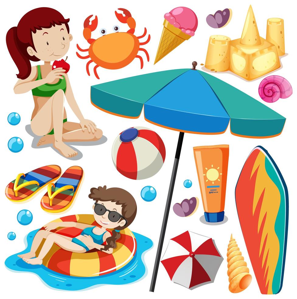 uppsättning sommar strand ikon och barn vektor