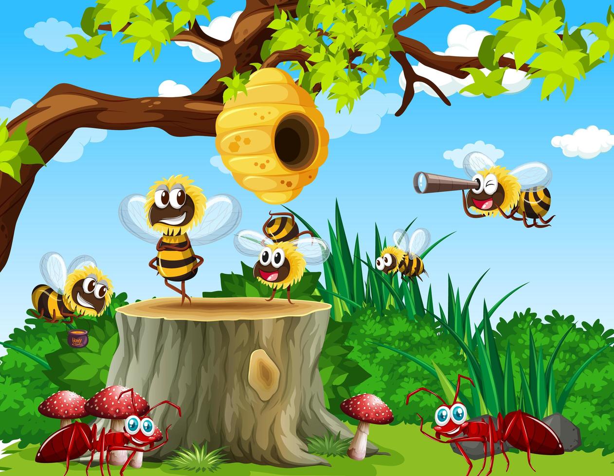 många bin och myror som bor i trädgården med honungskaka vektor