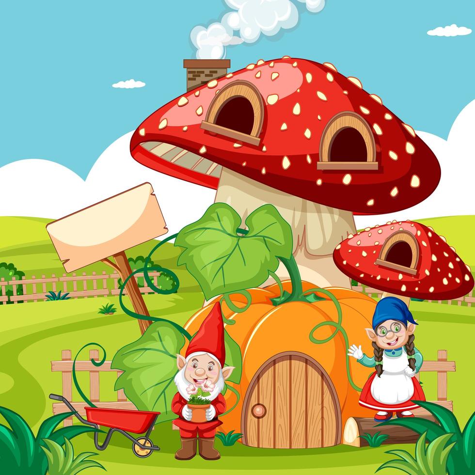 gnomer och pumpa svamp hus vektor