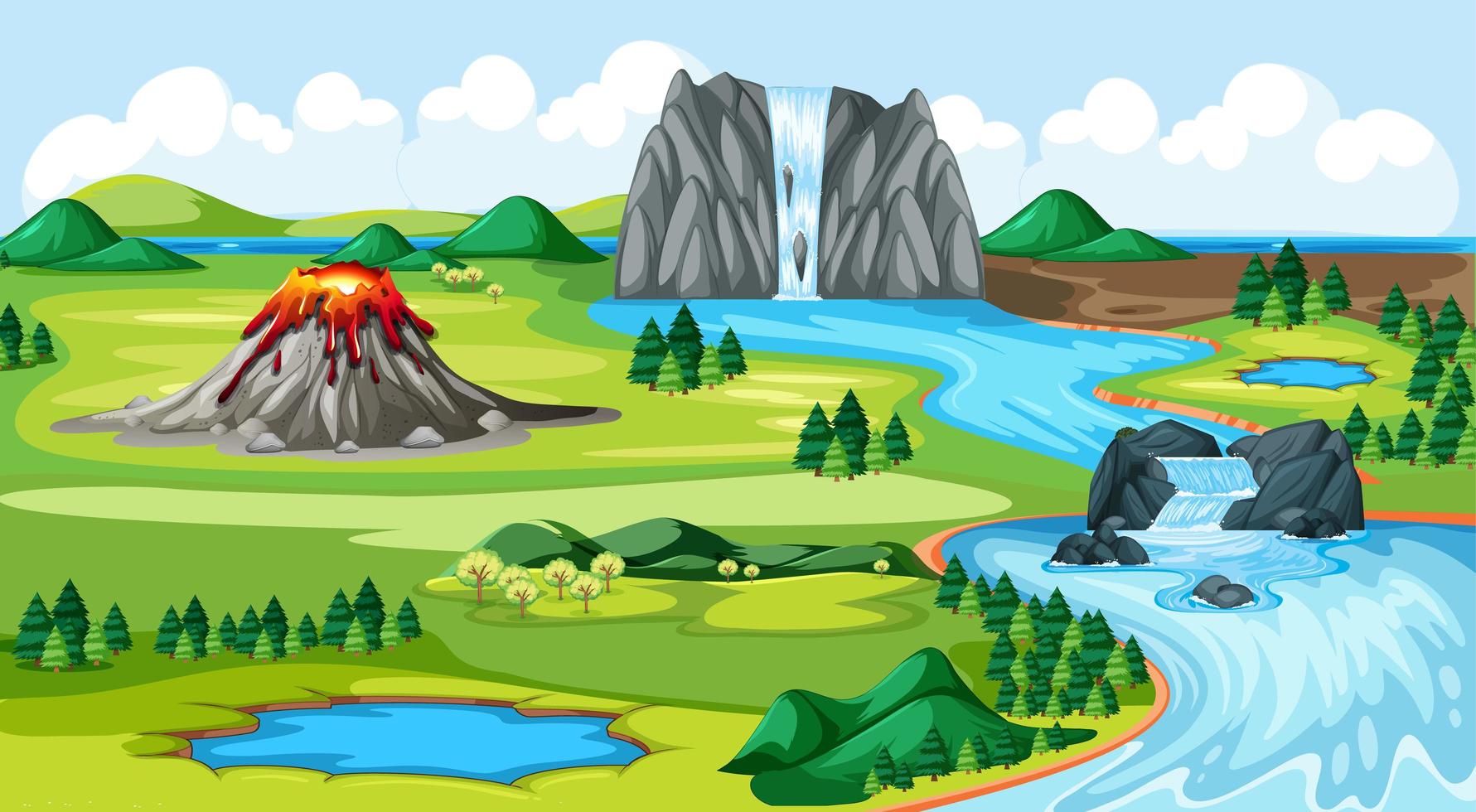 ängspark och vulkan med vattenfall vektor