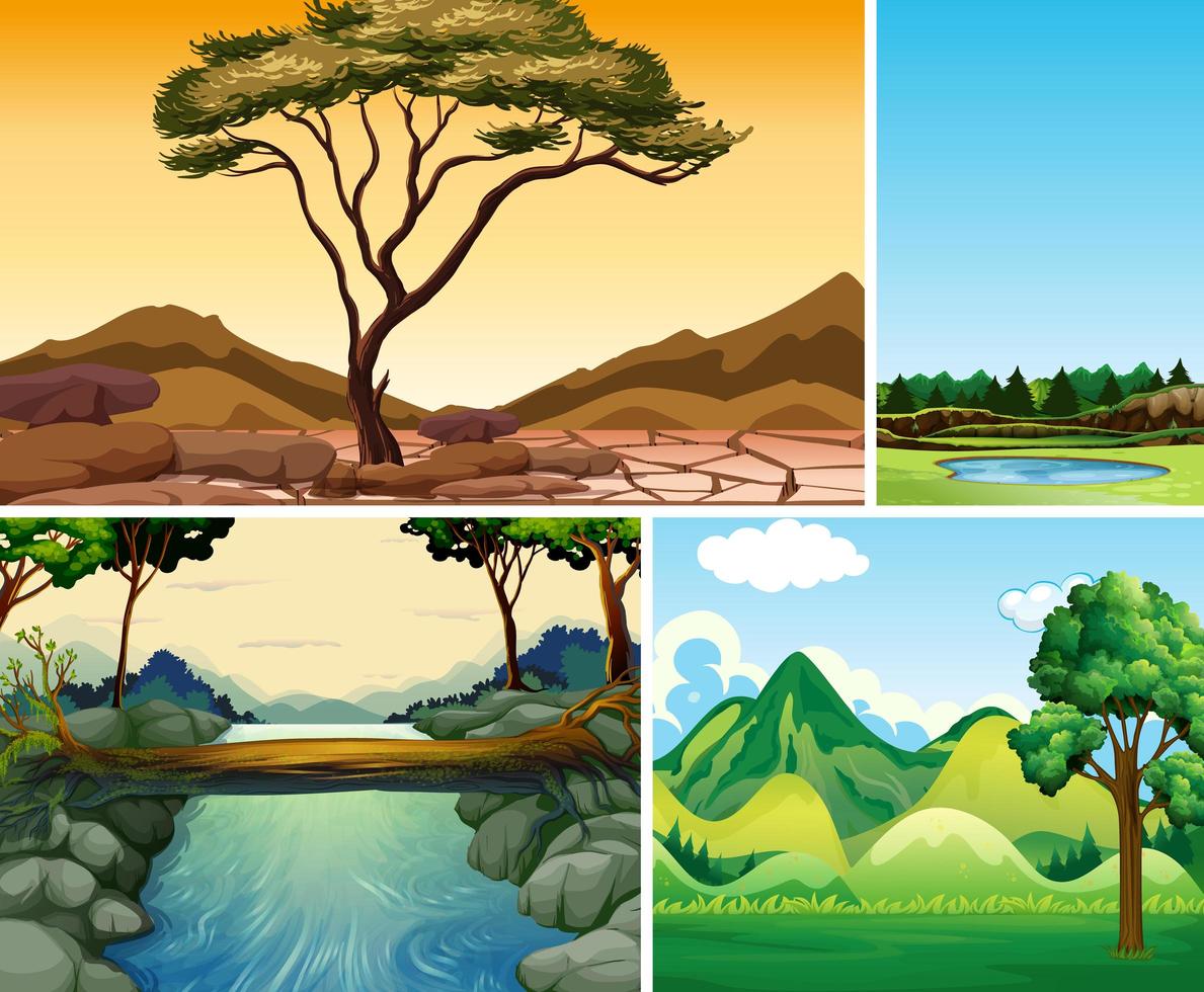fyra olika natur scen av skog och flod vektor