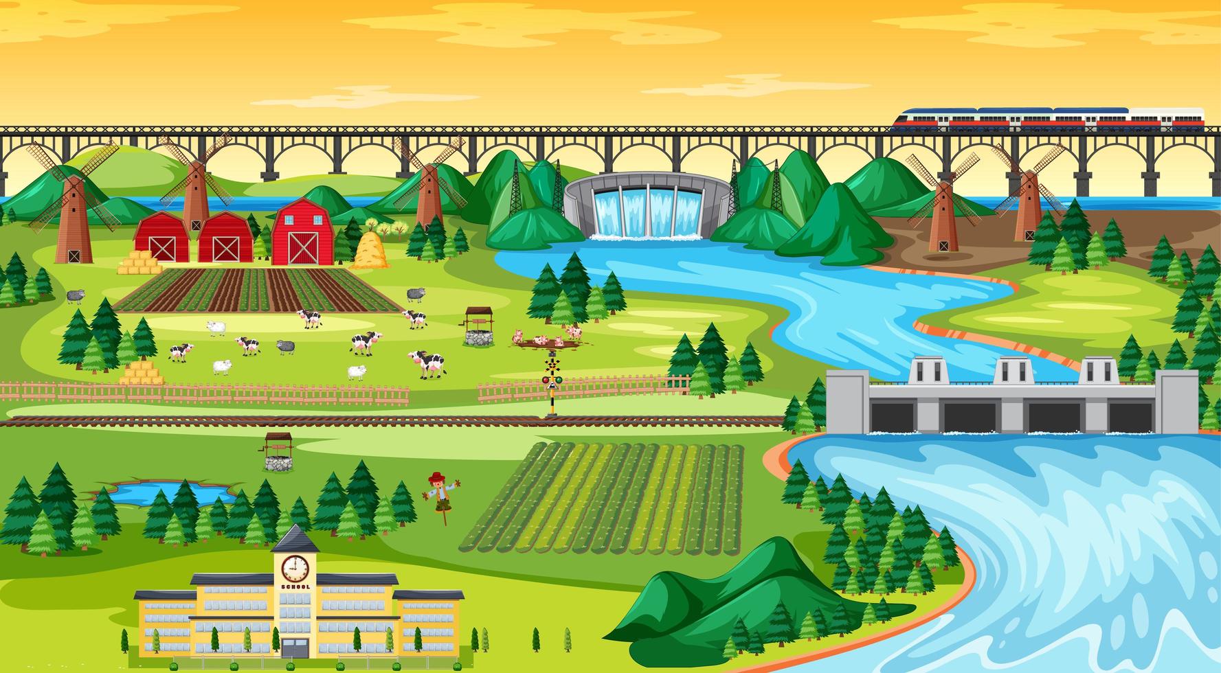 Farm Field Town und Schule und Bridge Sky Train vektor