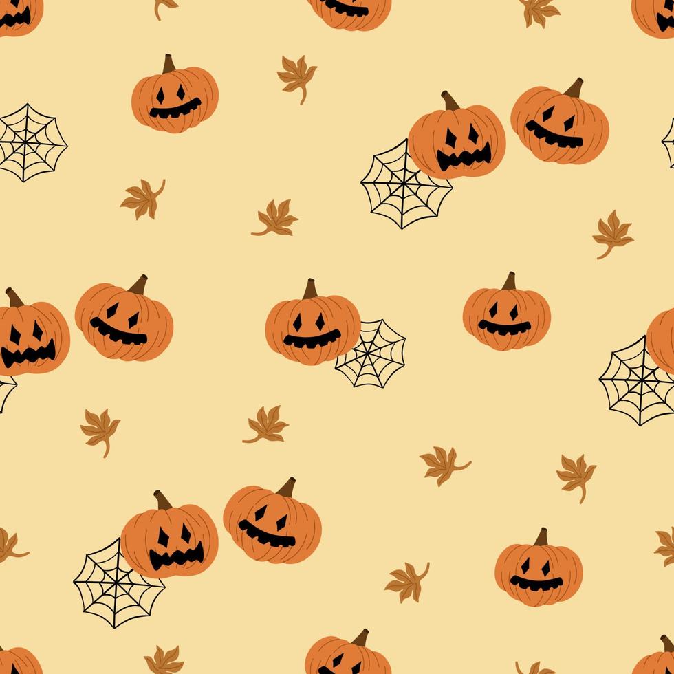 Nahtloses Muster mit Halloween-Kürbissen, Web, Herbstlaub. fröhliches halloween-konzept. design für partykarte, verpackung, stoff, druck vektor