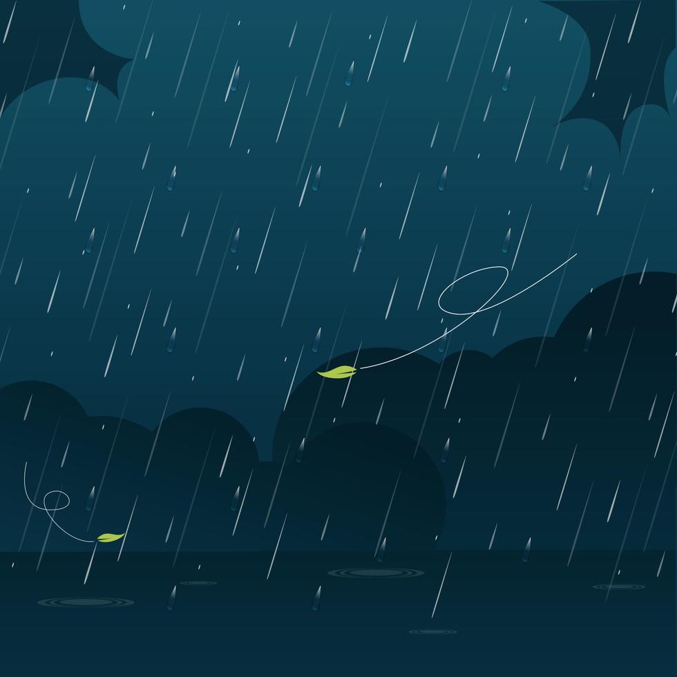 tung regn i mörk himmel, regnig säsong, moln och storm, väder natur bakgrund, översvämning naturlig katastrof, vektor illustration