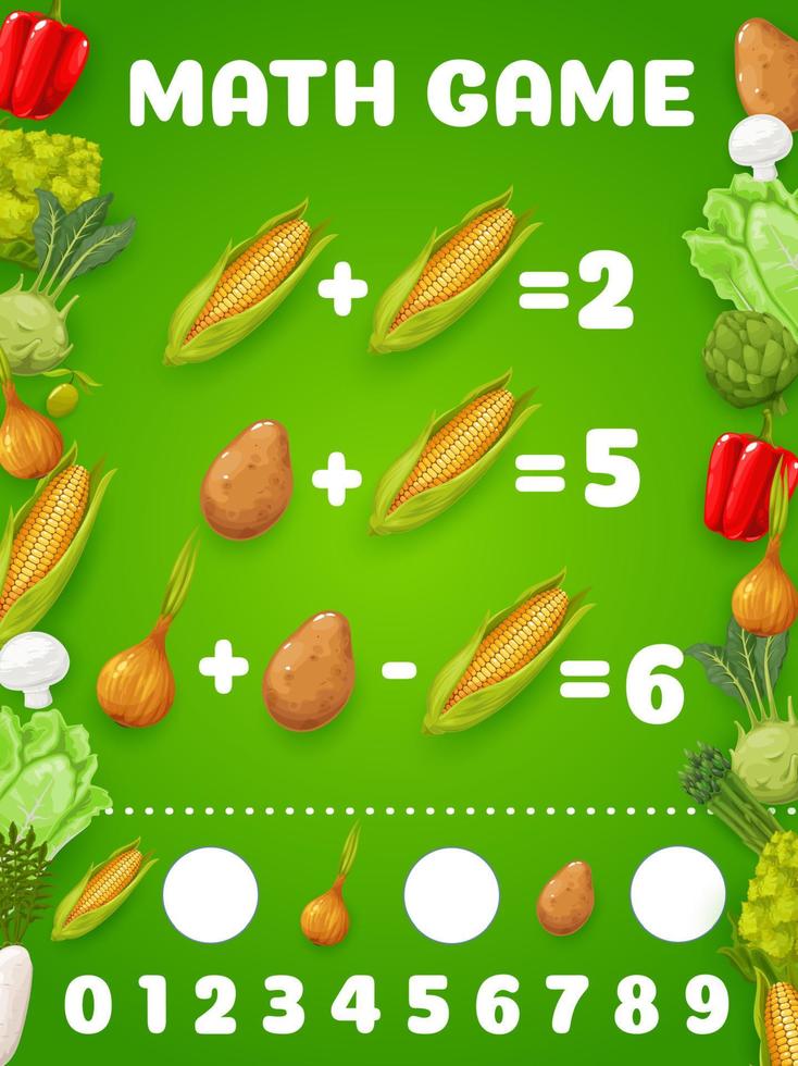 Arbeitsblatt für Mathe-Spiele mit Cartoon-Rohgemüse vektor