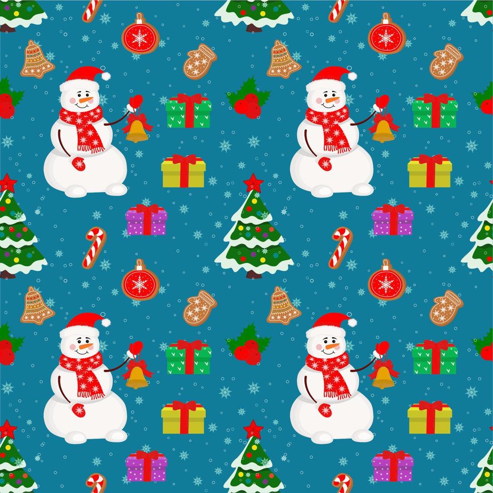 jul sömlös mönster med snögubbe, jul träd, rådjur med gåvor på en blå bakgrund. vinter- mönster för omslag papper och förpackning, jul kort, webb sida bakgrund. vektor