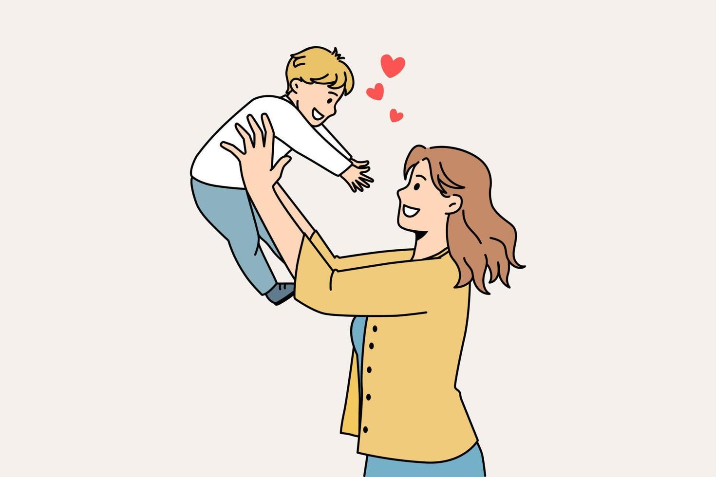 Lycklig föräldraskap och moderskap begrepp. leende ung kvinna mor stående och innehav henne små bebis pojke nå för henne känsla kärlek vektor illustration