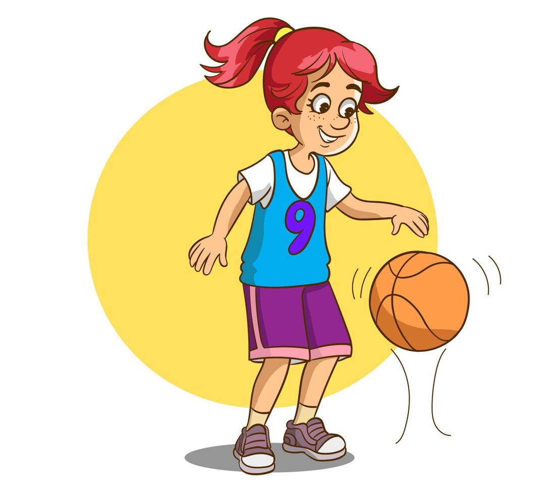 glückliches süßes Kindermädchen spielt Basketball vektor