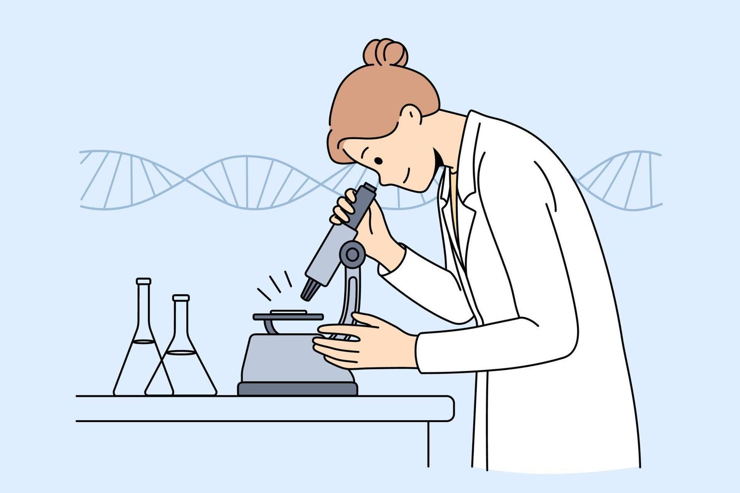 chemiewissenschaft und forschungskonzept. lächelnde chemikerin in weißer uniform, die mikroskop mit flaschen für tests in der laborvektorillustration betrachtet vektor