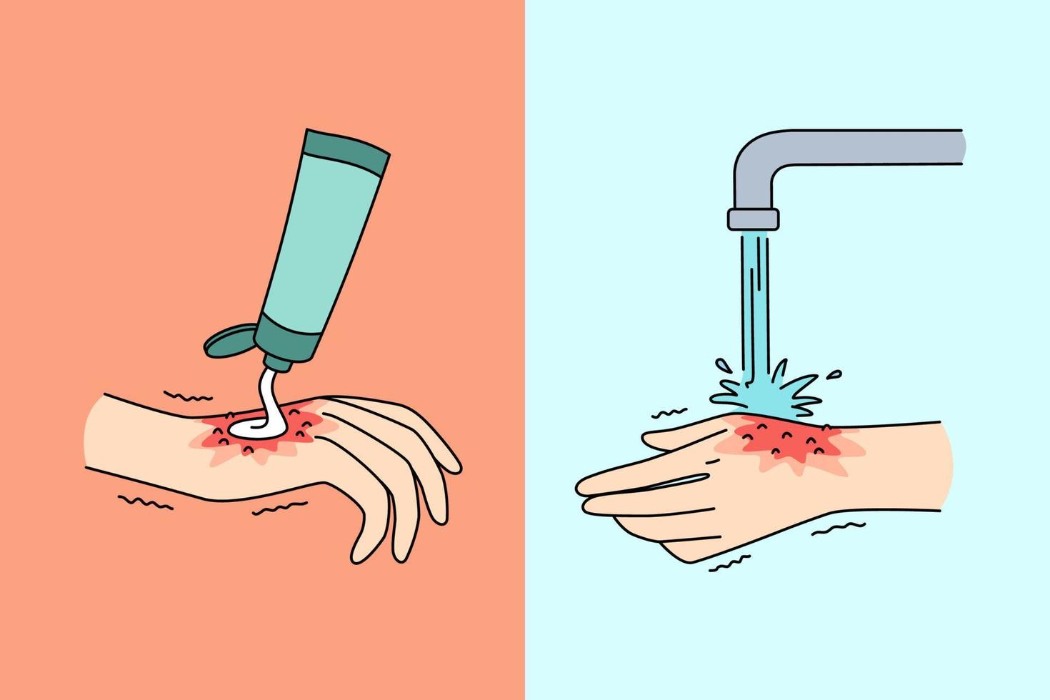 konzept für hygiene und reinigung der hände. menschliche hand, die creme aufträgt und mit wasser aus der hahnreinigung wäscht, um die tägliche hygiene zu sparen und verletzungsvektorillustration zu heilen vektor