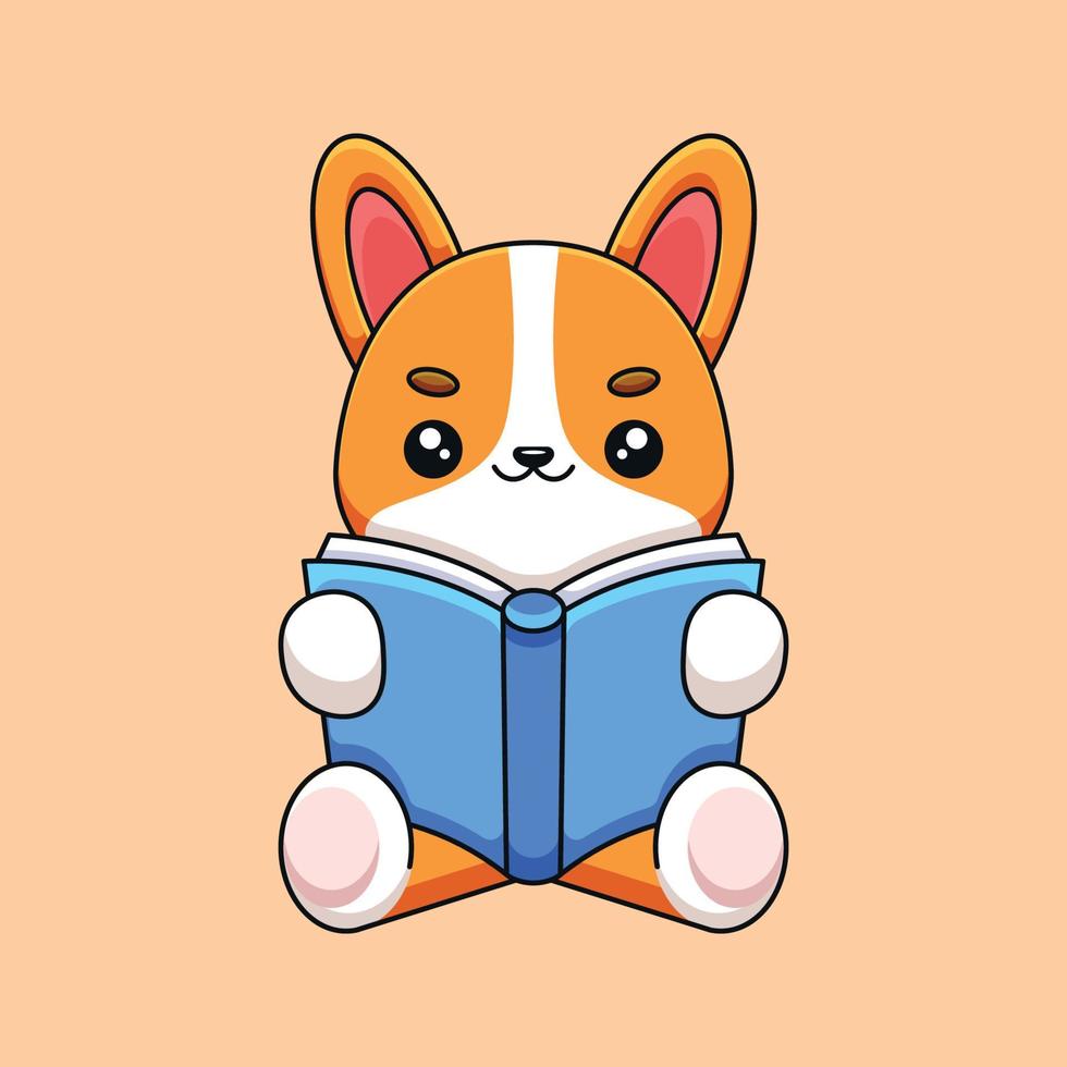 niedliches corgi lesebuch cartoon maskottchen gekritzelkunst handgezeichnetes konzept vektor kawaii symbol illustration