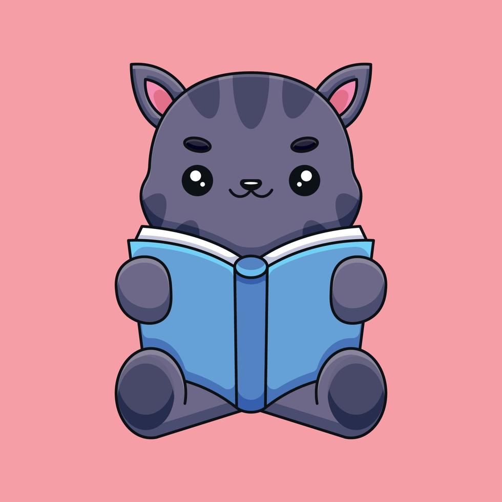 söt katt läsning bok tecknad serie maskot klotter konst hand dragen begrepp vektor söt ikon illustration