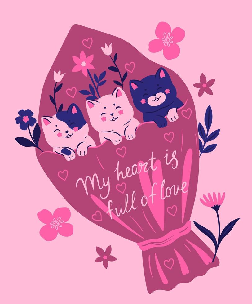 hjärtans dag kort med en bukett av blommor och kattungar. vektor grafik.