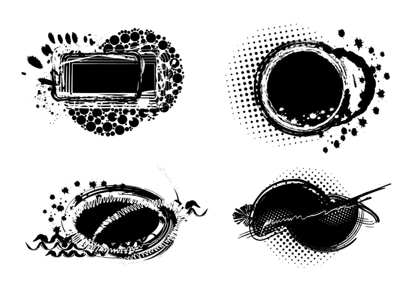 uppsättning av grunge element måla fläckar svart bakgrund, grunge design element, borsta slag, svart och vit bläck, ram för text. vektor illustration.