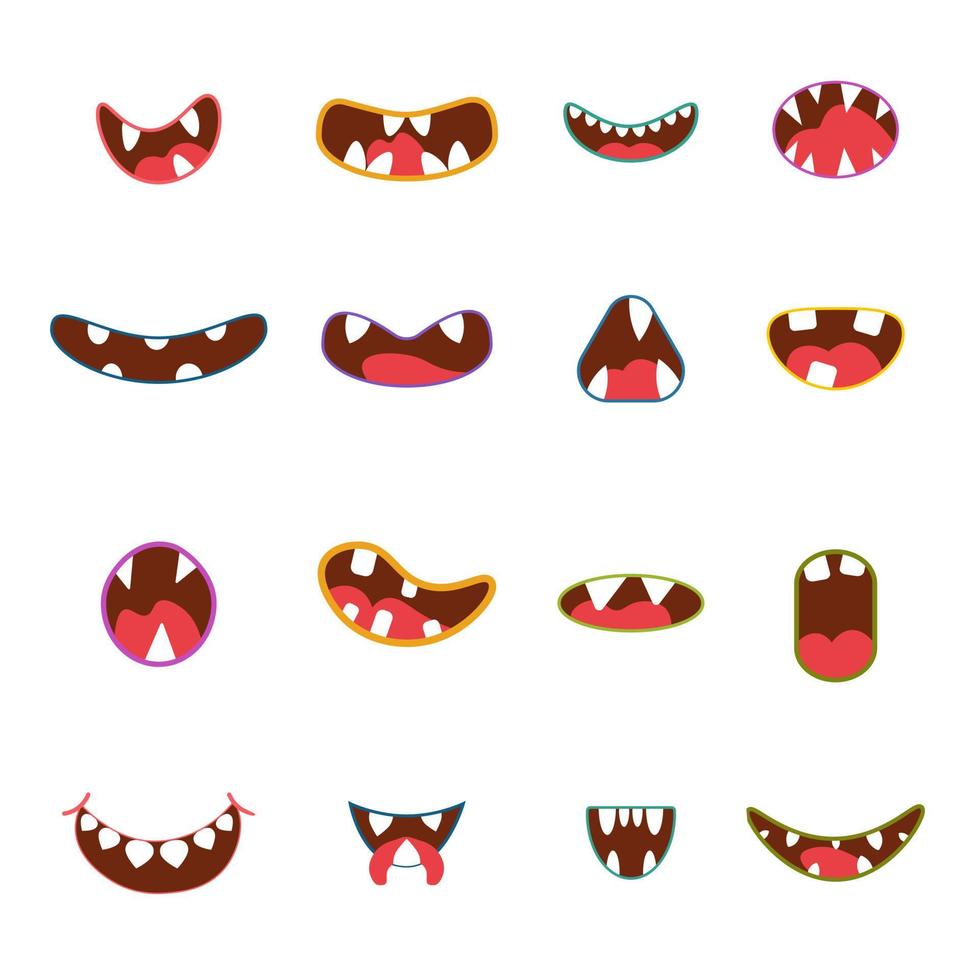 djur- ansiktsbehandling uttryck och känslor. monster mun ikon. vektor illustration.