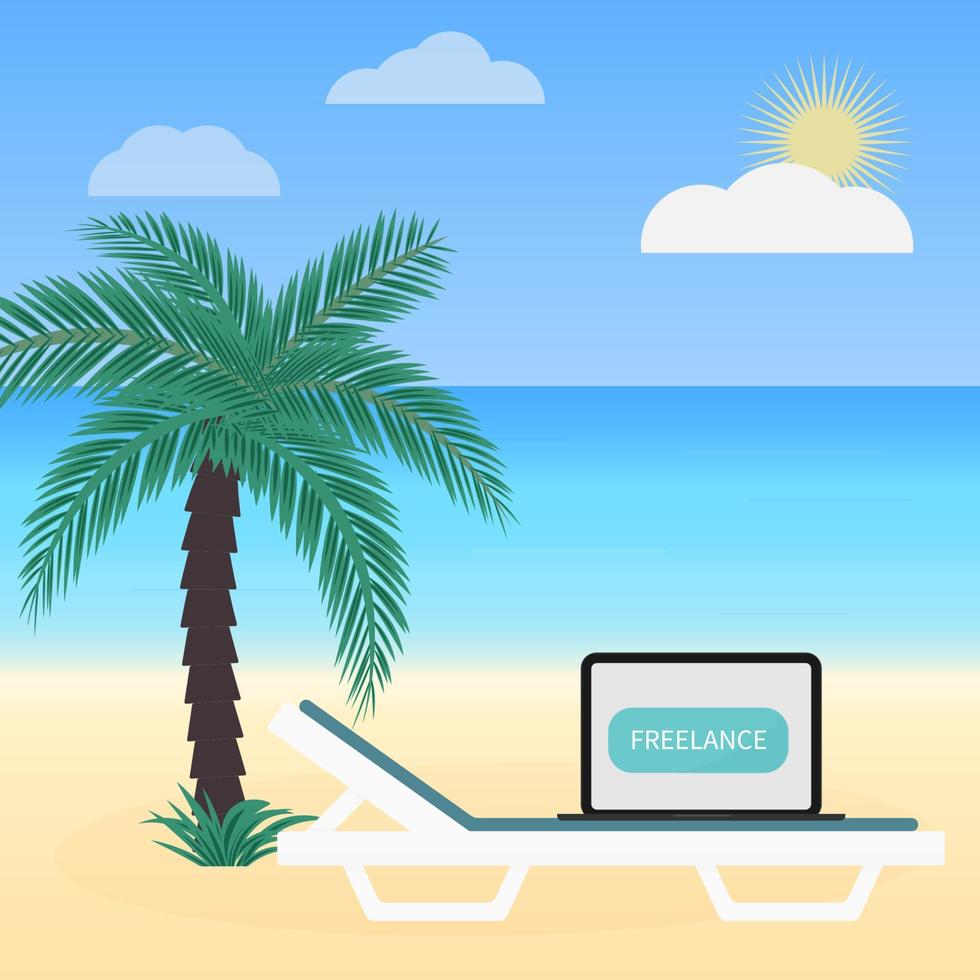 freiberufliche Arbeit-Vektor-Illustration im flachen Stil. Laptop auf der Sonnenliege unter Palmen am tropischen Strand. Fernarbeitskonzept. vektor