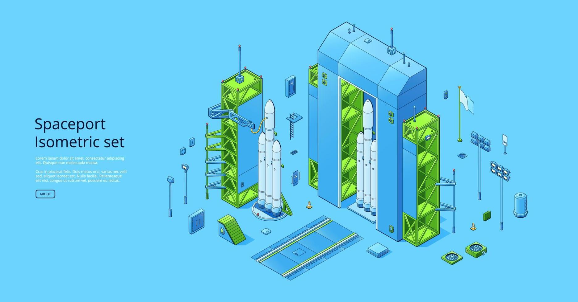 isometrisches set des raumhafens mit rakete auf dem kosmodrom vektor