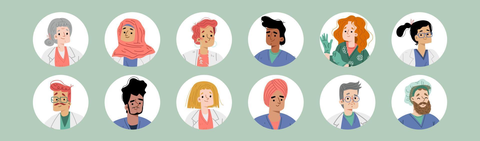 avatars av doktorer och sjuksköterskor, olika människor vektor