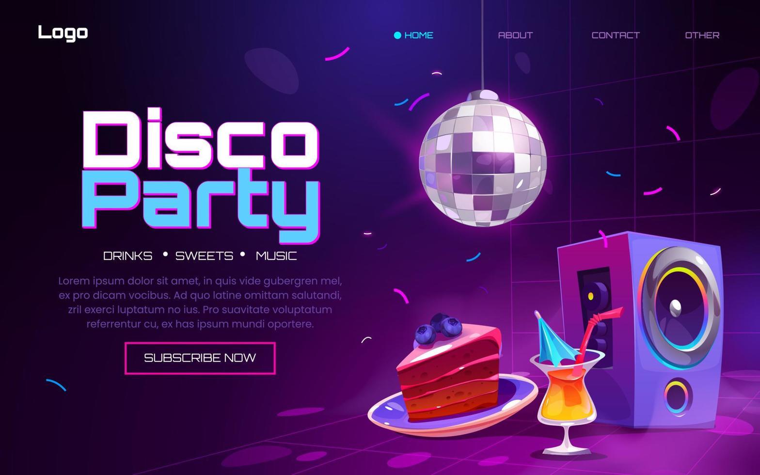 Disco-Party-Banner mit Lichtkugel, Kuchen, Cocktail vektor