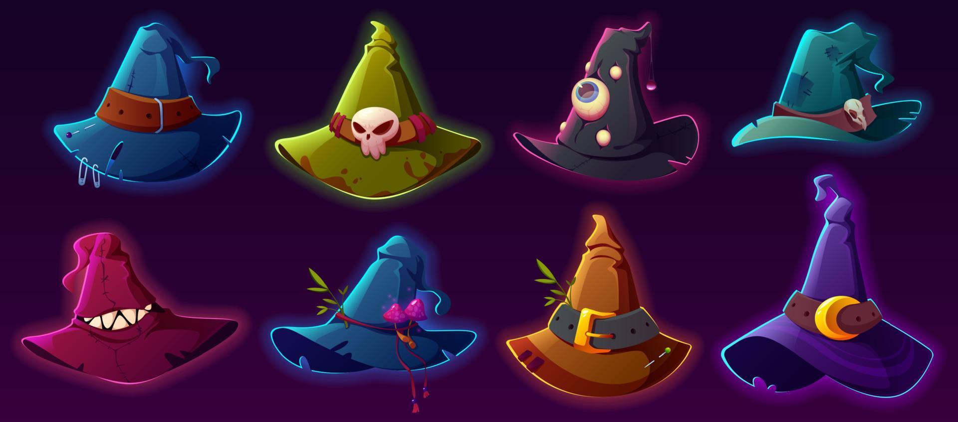 Gruselige Hexen- und Zaubererhüte für Halloween-Kostüme vektor