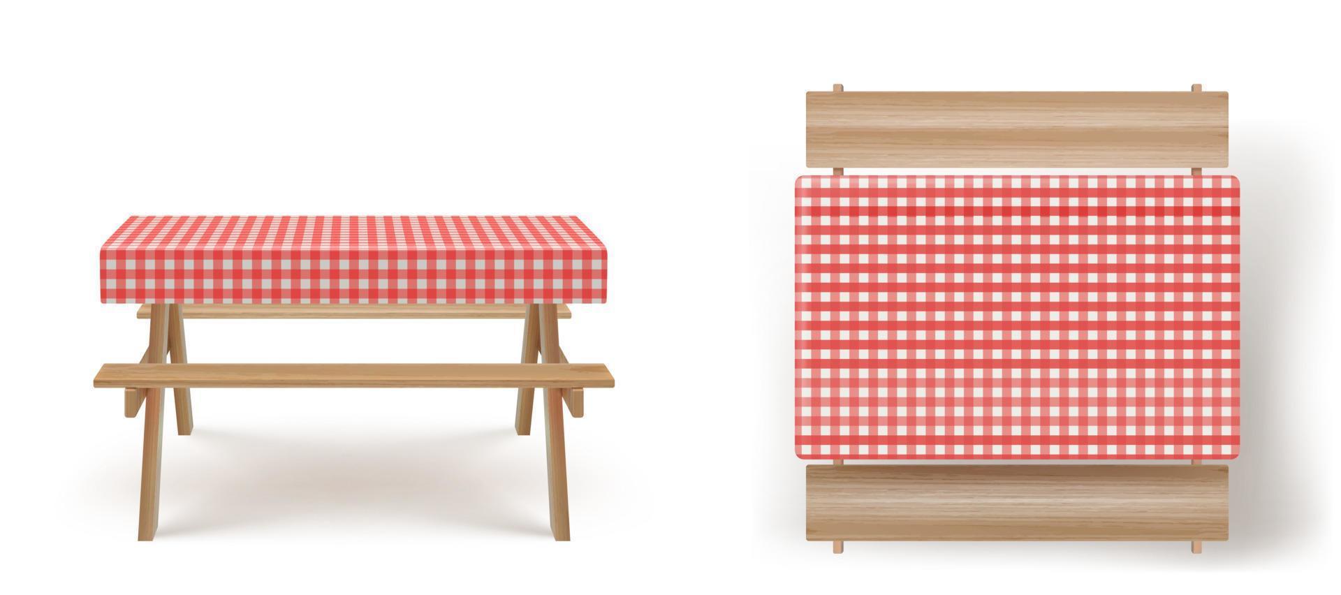 trä- picknick tabell med bänkar bordsduk vektor
