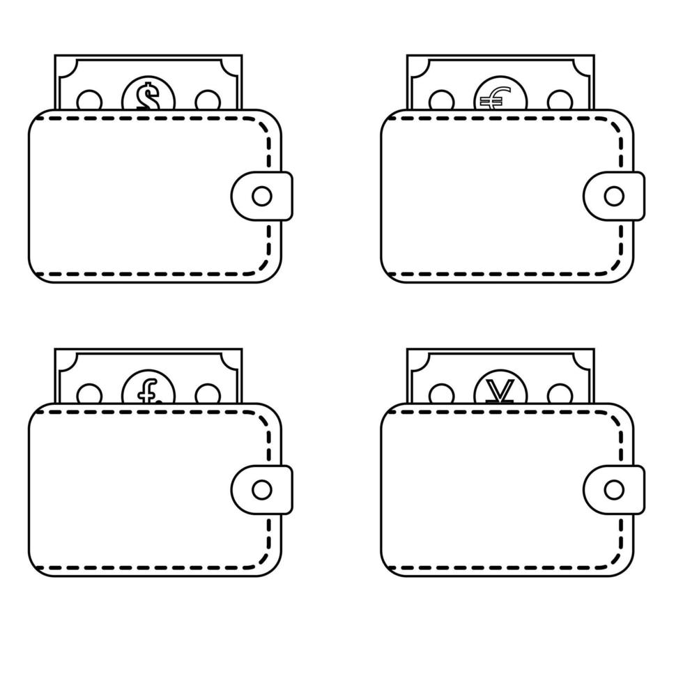 uppsättning av läder plånböcker med dollar, euro, pund, yen pengar i linje stil. isolerat på vit bakgrund. vektor illustration.