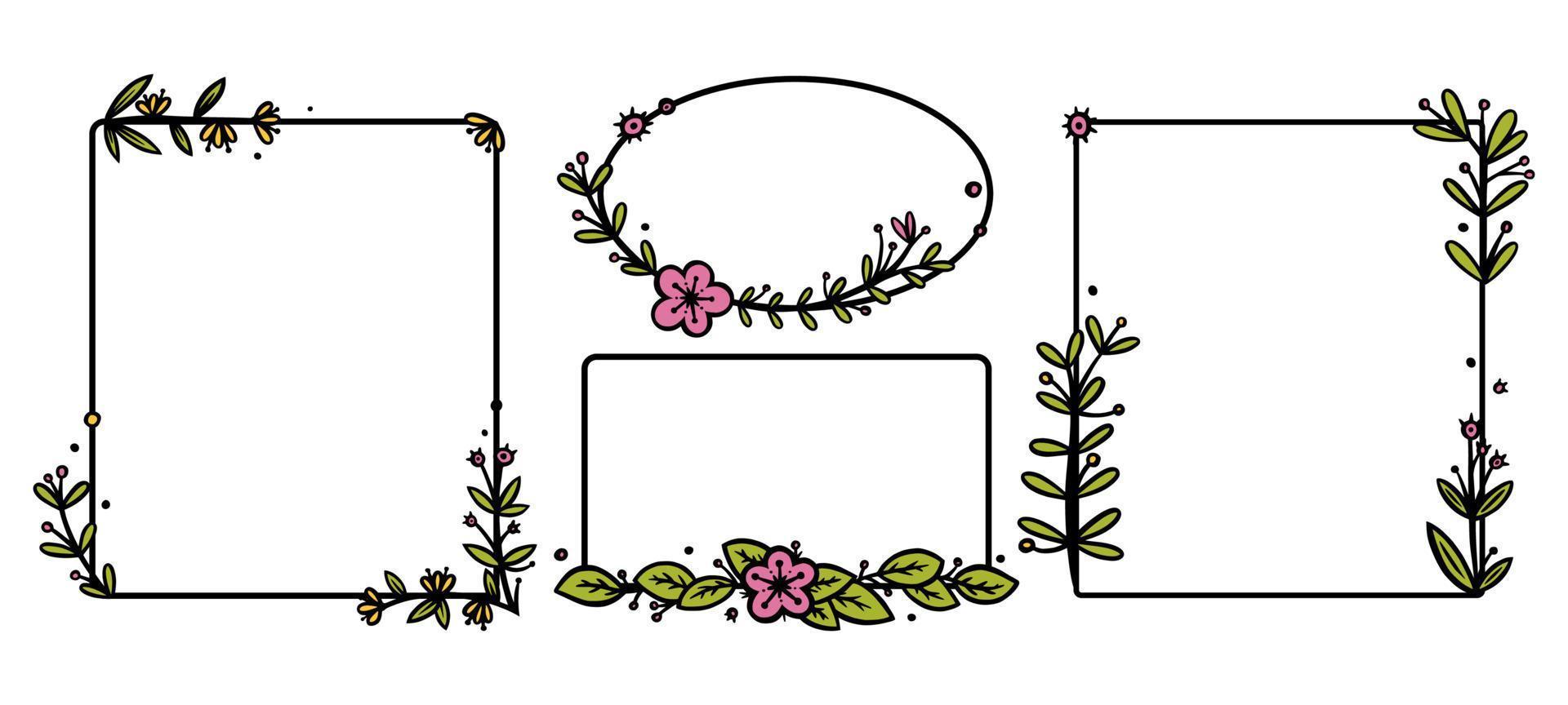 rustik kransar avdelare med ritad för hand blommor. rektangel och cirkel klotter kransar. klotter vektor illustration