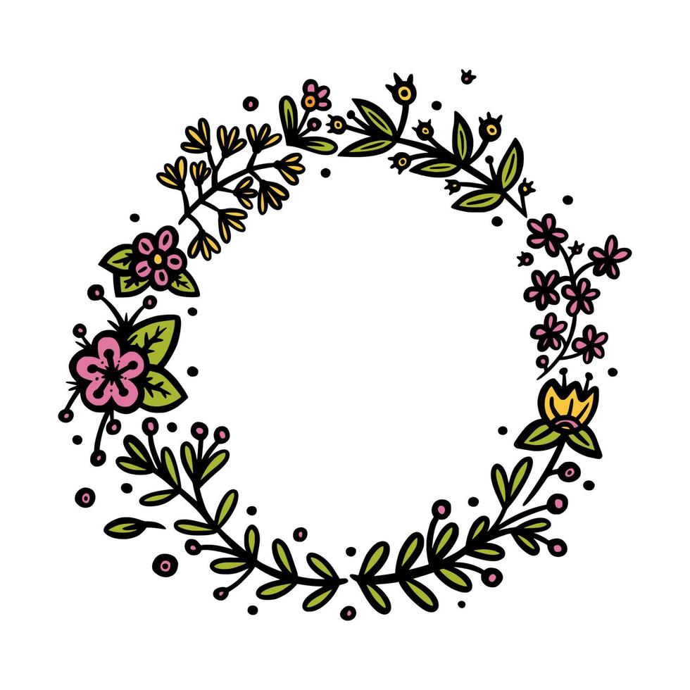 Blumenkranz für Einladungen und Bullet Journals Dekoration. Kreis- und Ovalkranzteiler oder -rahmen. Doodle-Vektor-Illustration vektor