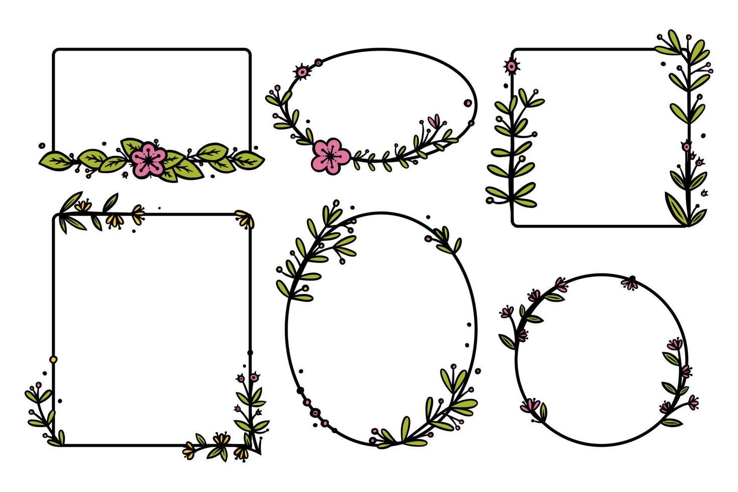 rustikale Kränze mit handgezeichneten Blumen. rechteckige und kreisgekritzelkränze. Doodle-Vektor-Illustration vektor