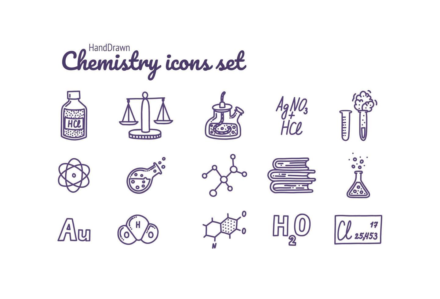 kemi ikoner uppsättning. testa rör, reaktioner, atom, molekyler, formel och Övrig vetenskaplig föremål. vektor illustration i klotter stil