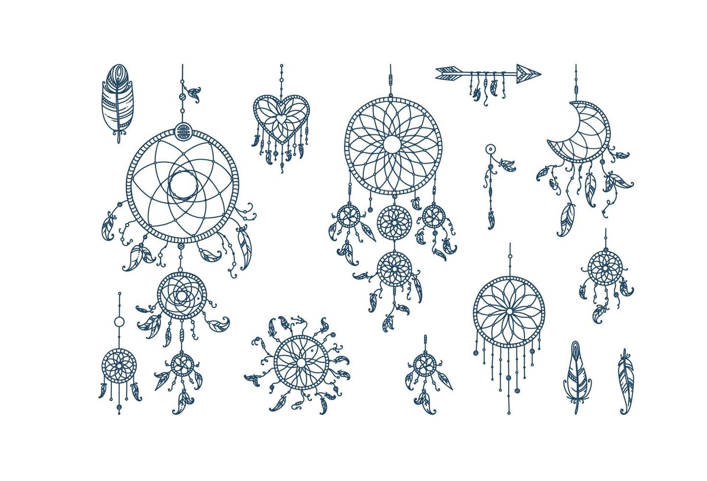 drömfångare med fjädrar och pilar. uppsättning av mystiker drömfångare och fjädrar. vektor illustration