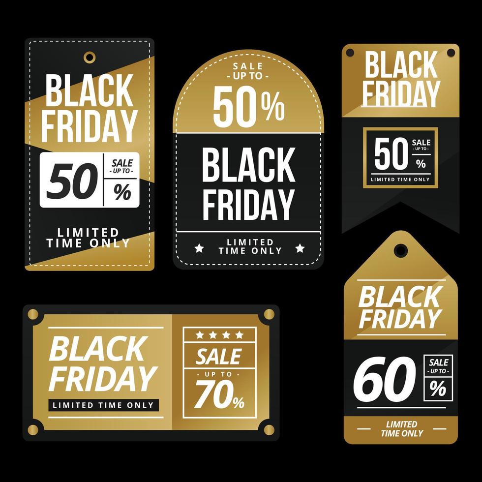 svart fredag pris märka klistermärke uppsättning mall med elegant Färg svart guld vektor