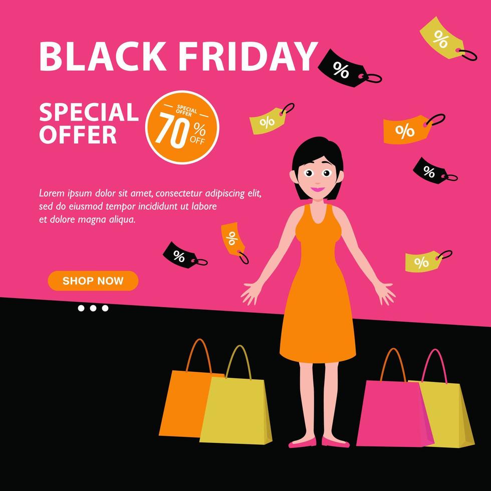 schwarze freitag-verkaufsfrau und einkaufstasche mit rosa orange farbe vektor