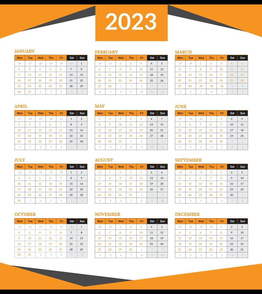 Kalender für 2023, bunter Kalender 2023, Vektorkalenderdesign 2023, Kalenderwoche 2023 beginnt am Montag vektor