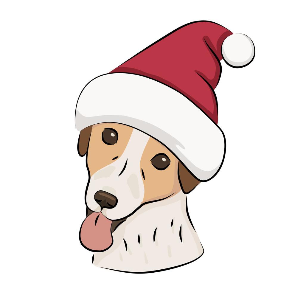 söt hund i röd hatt. rolig jul hälsningar vektor