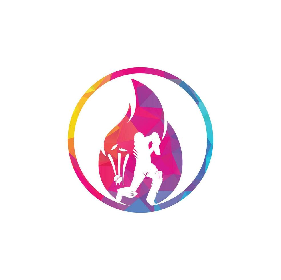 Feuer-Cricket-Spieler-Vektor-Logo-Design. Cricket-Feuer-Logo-Symbol. schlagmann, der cricket spielt, und feuerkombinationslogo vektor