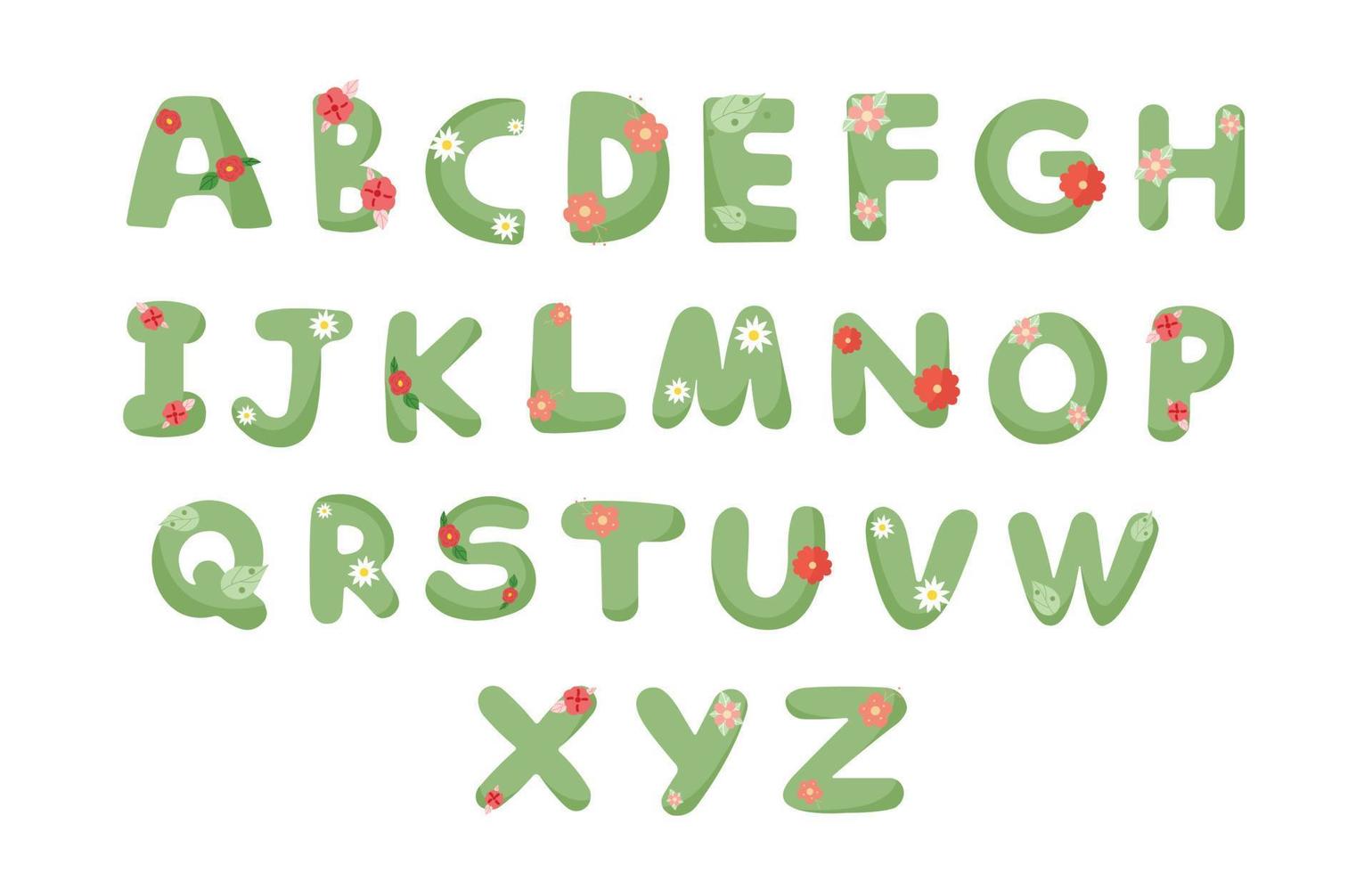 satz grünes blumenalphabet, abc mit blumen für babyparty, geburtstags-cads, kinderzimmerdekor. vektor