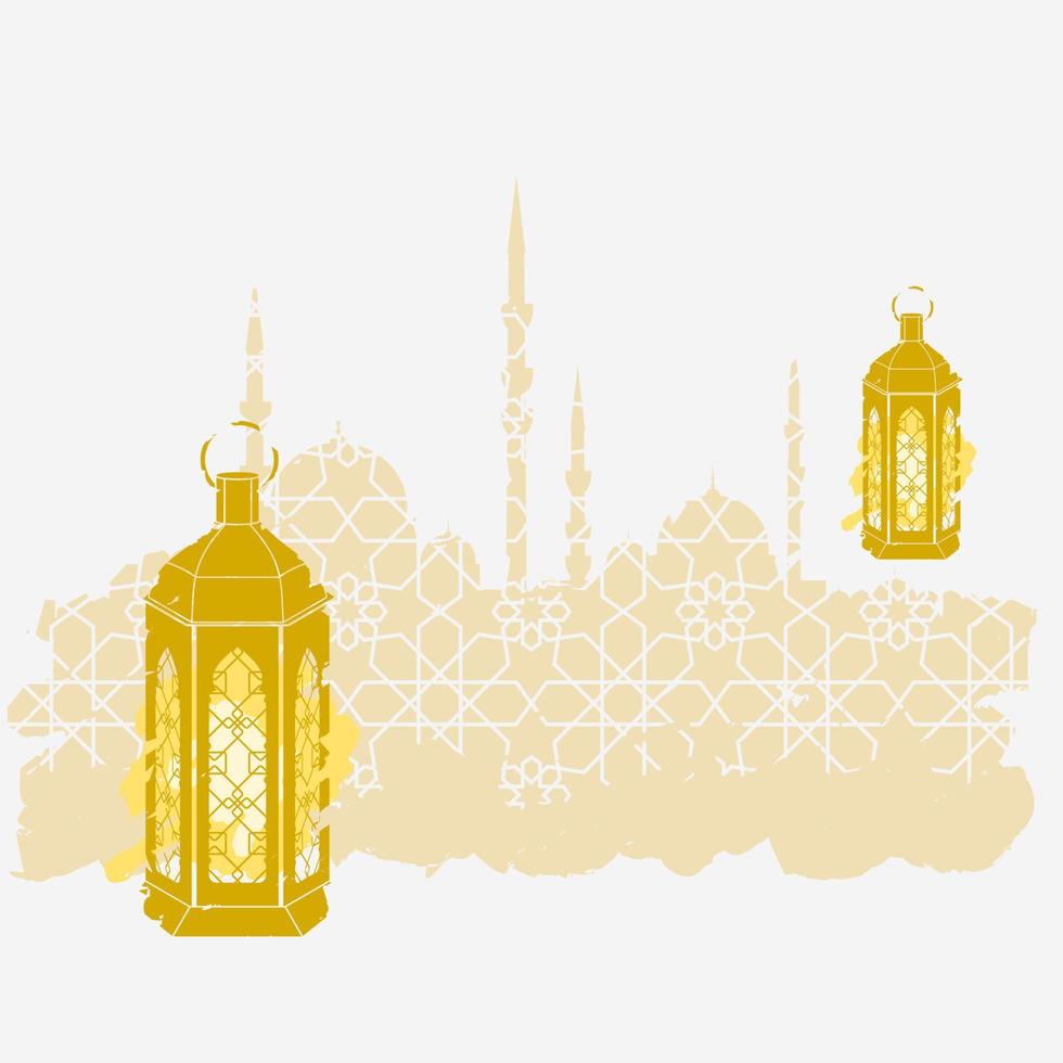 redigerbar vektor av borsta stroke stil arab lykta i främre av geometrisk mönstrad moské silhuett för eid al-fitr illustration