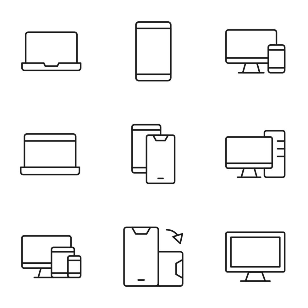 samling av isolerat vektor linje ikoner för webb webbplatser, annonser, artiklar, butiker, butiker. redigerbar slag. tecken av bärbar dator, telefon, dator, bil sväng, läsplatta