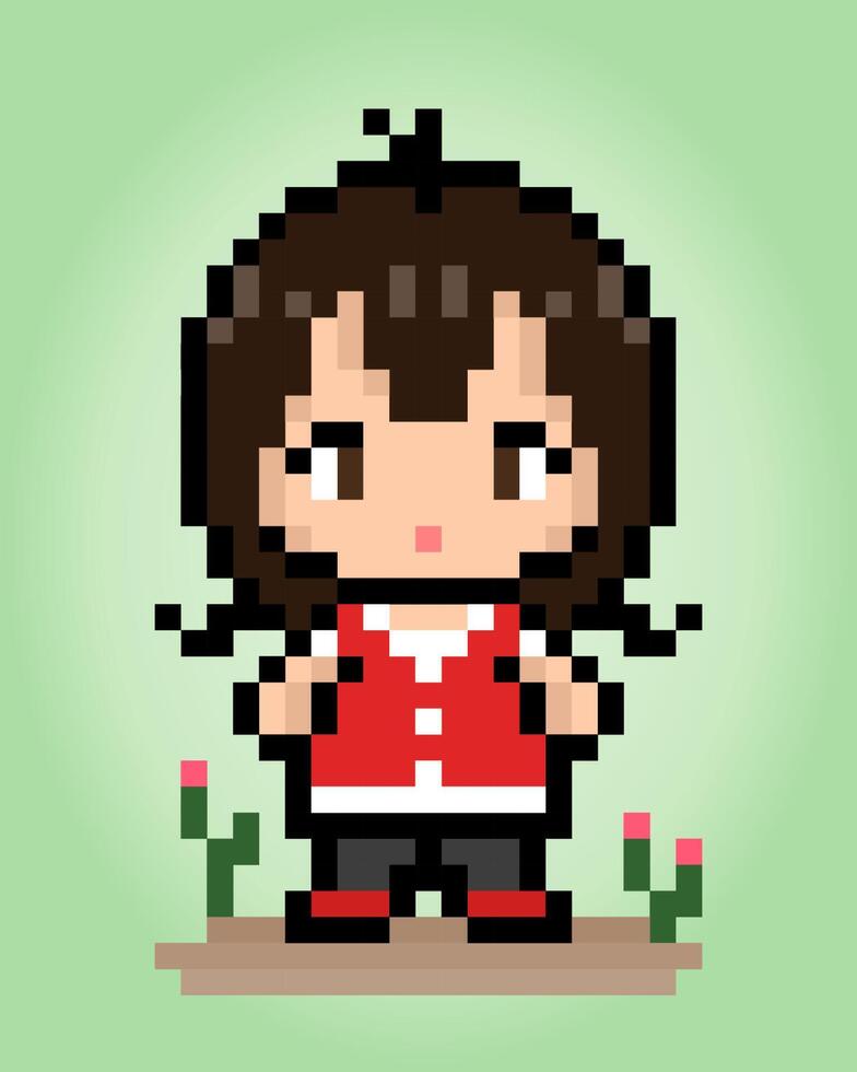 8-Bit-Pixel-Frauenfigur. Anime-Cartoon-Mädchen in Vektorgrafiken für Spiel-Assets oder Kreuzstichmuster. vektor