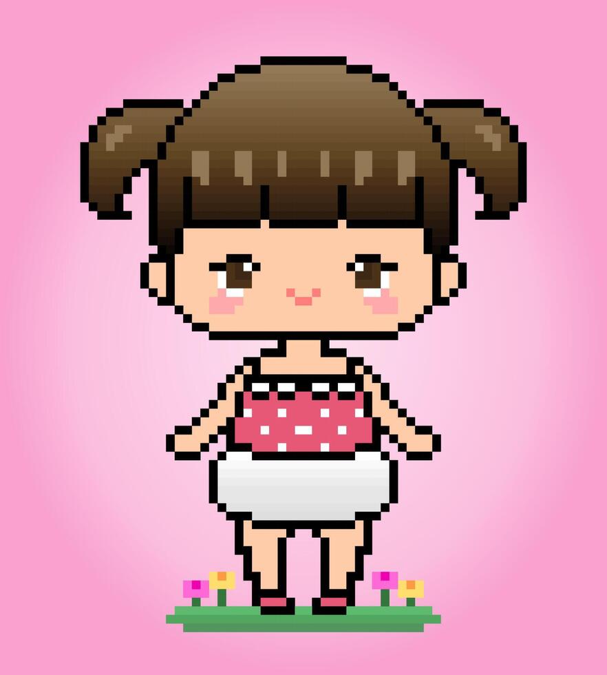 8-Bit-Pixel, süße Babymädchen-Figur. Anime-Cartoon-Mädchen in Vektorgrafiken für Spiel-Assets oder Kreuzstichmuster. vektor