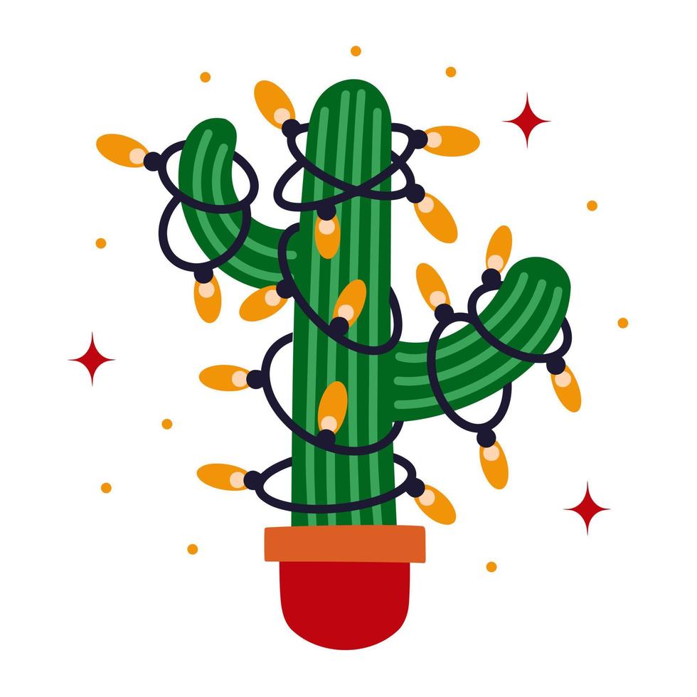 Weihnachtskaktus mit Girlande. hand gezeichnete illustration lokalisiert auf weiß. Hausblume in einem mit Glühbirnen geschmückten Topf. festliches Pflanzenvektorsymbol. flache Cartoon-Cliparts für Karten, Poster, Drucke vektor